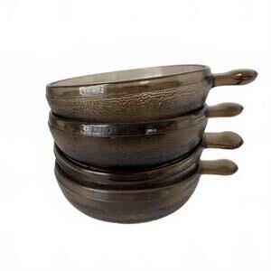 Set of 4 vintage amber glass soup bowls with handles.